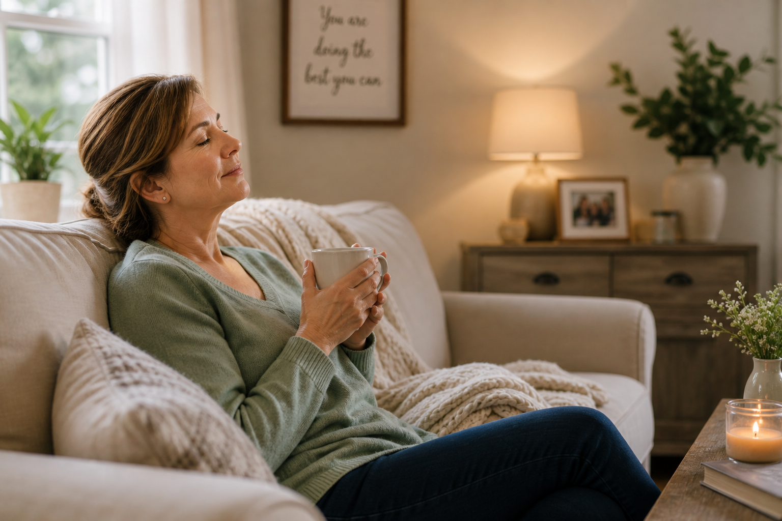 A peaceful sunlit living-room window — a calm respite scene